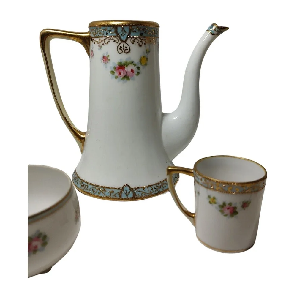 Antique Nippon Chocolate Pot Demitasse Mug Sugar Bowl Gold Moriage‎ Hand Painted